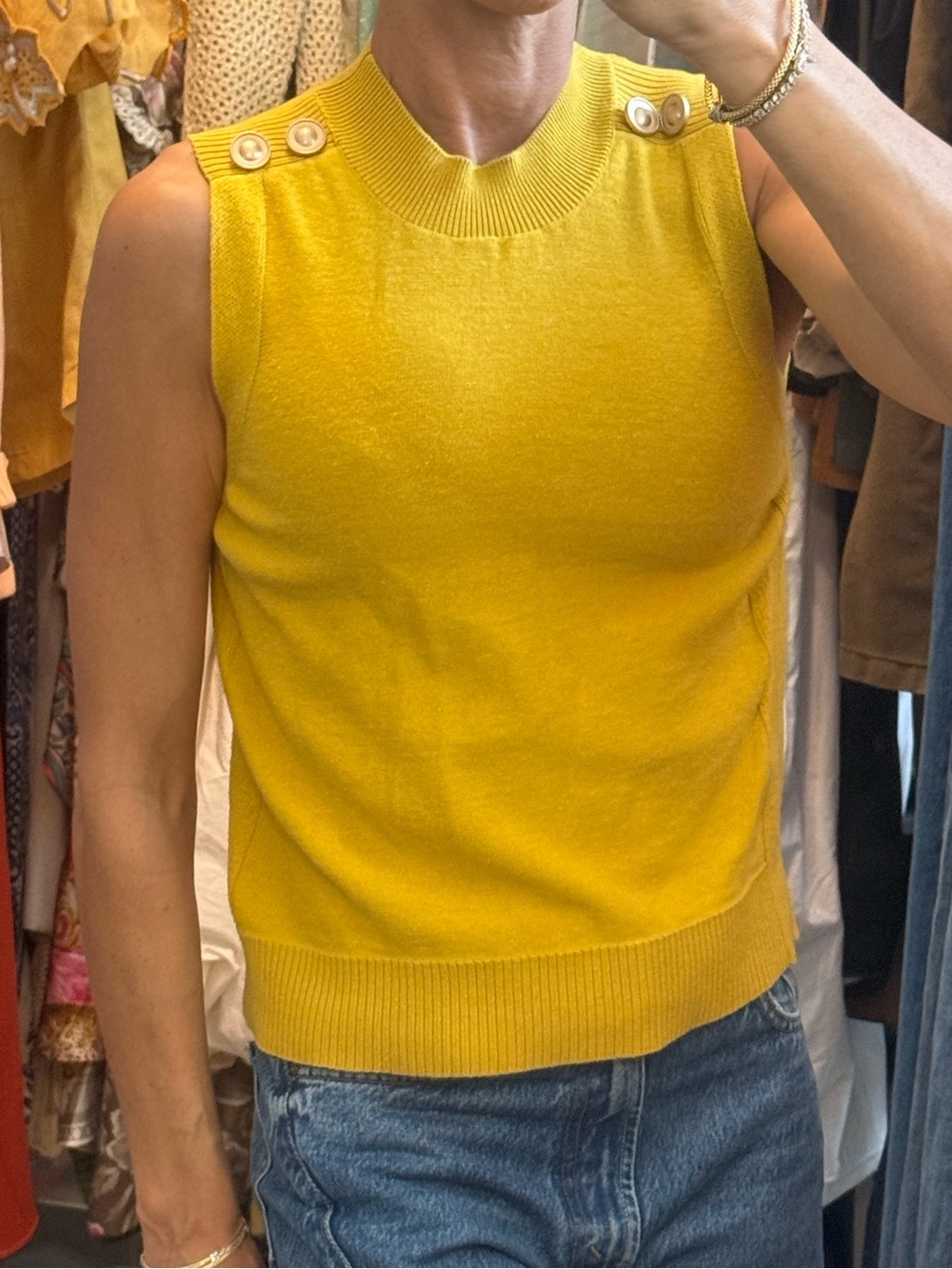 Vintage Elle Sleeveless Button-Shoulder Tank Top in Mustard